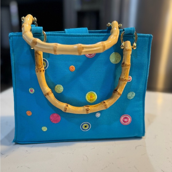 Tianni Handbags - Tianni Bamboo Handle Vibrant Blue and Yellow Tote with Playful Design